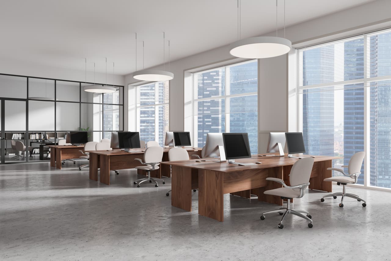 Open commercial workspace with desks.