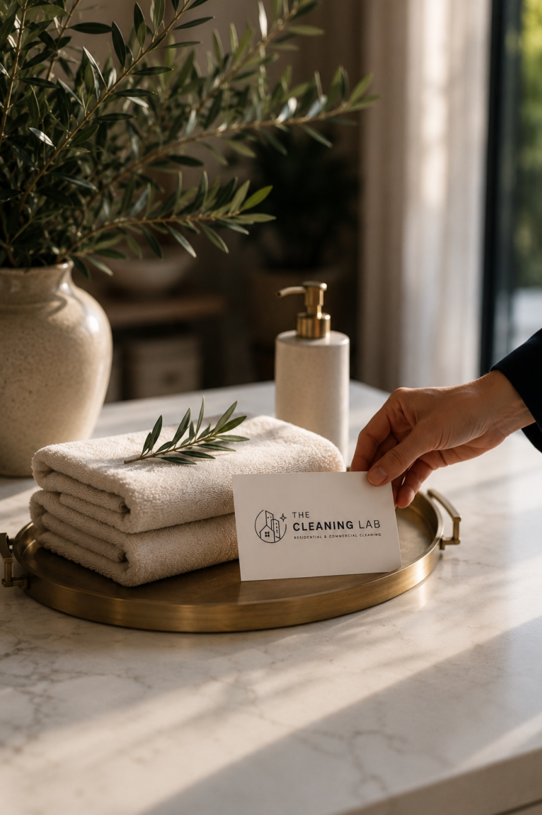 Folded towels and a Cleaning Lab business card on a marble tray with olive branch.