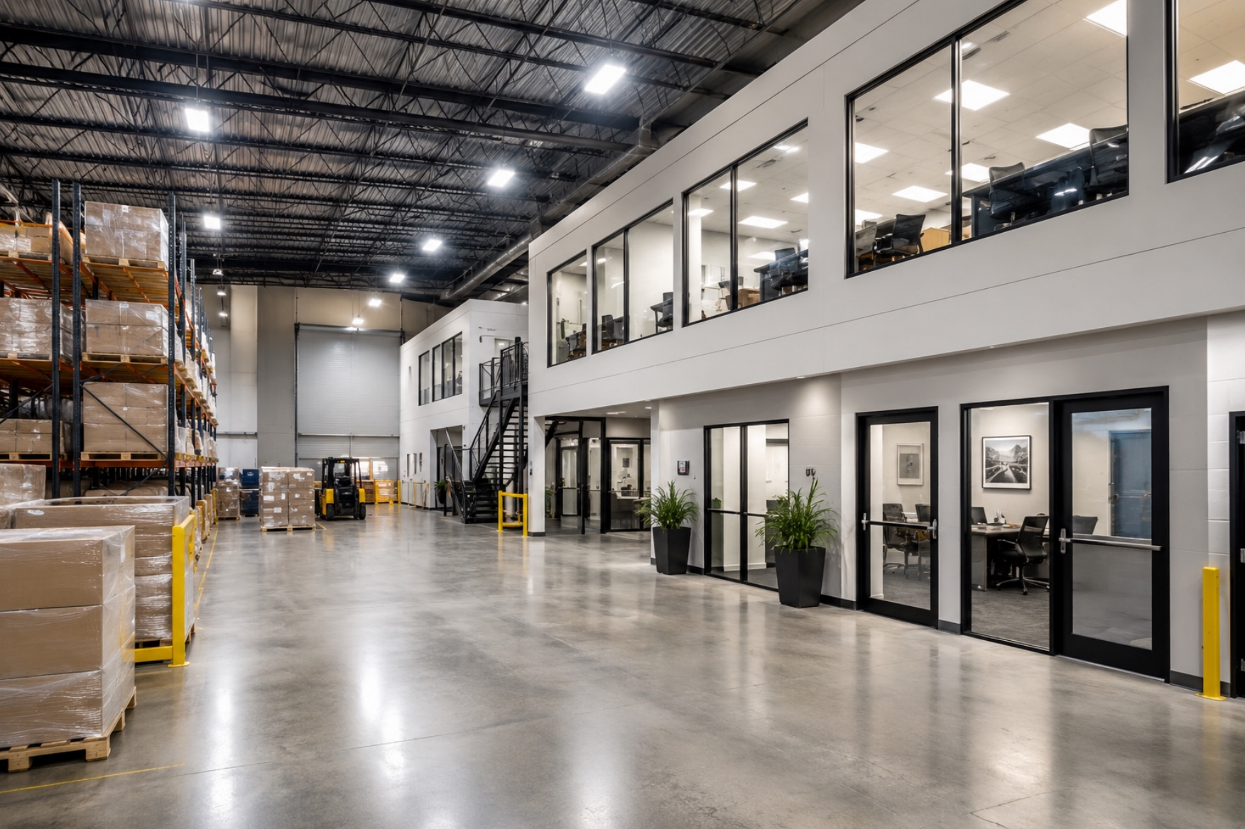 A large commercial facility interior with warehouse + mezzanine offices — Cleaning Lab Facility Support.