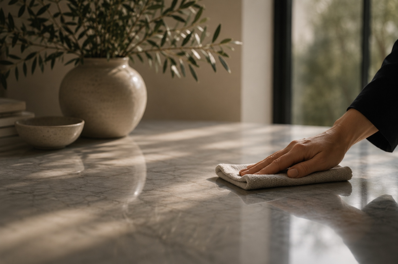 A hand wiping a marble counter with a microfiber cloth beside a vase of olive branches.