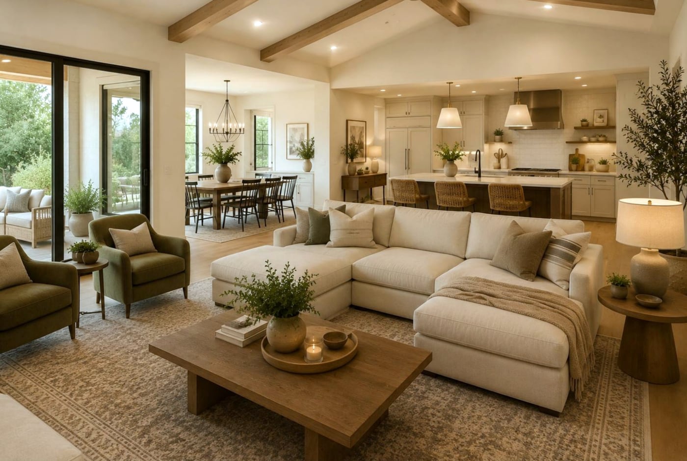 A warm, refined residential living room and kitchen in a Las Vegas home.