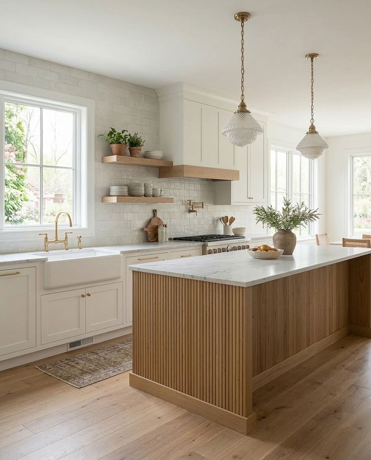 A clean, refined farmhouse kitchen with white cabinetry, oak island, and brass pendants.