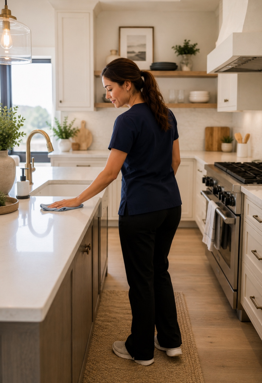 A Cleaning Lab team member detailing a kitchen island countertop in a modern Las Vegas home.