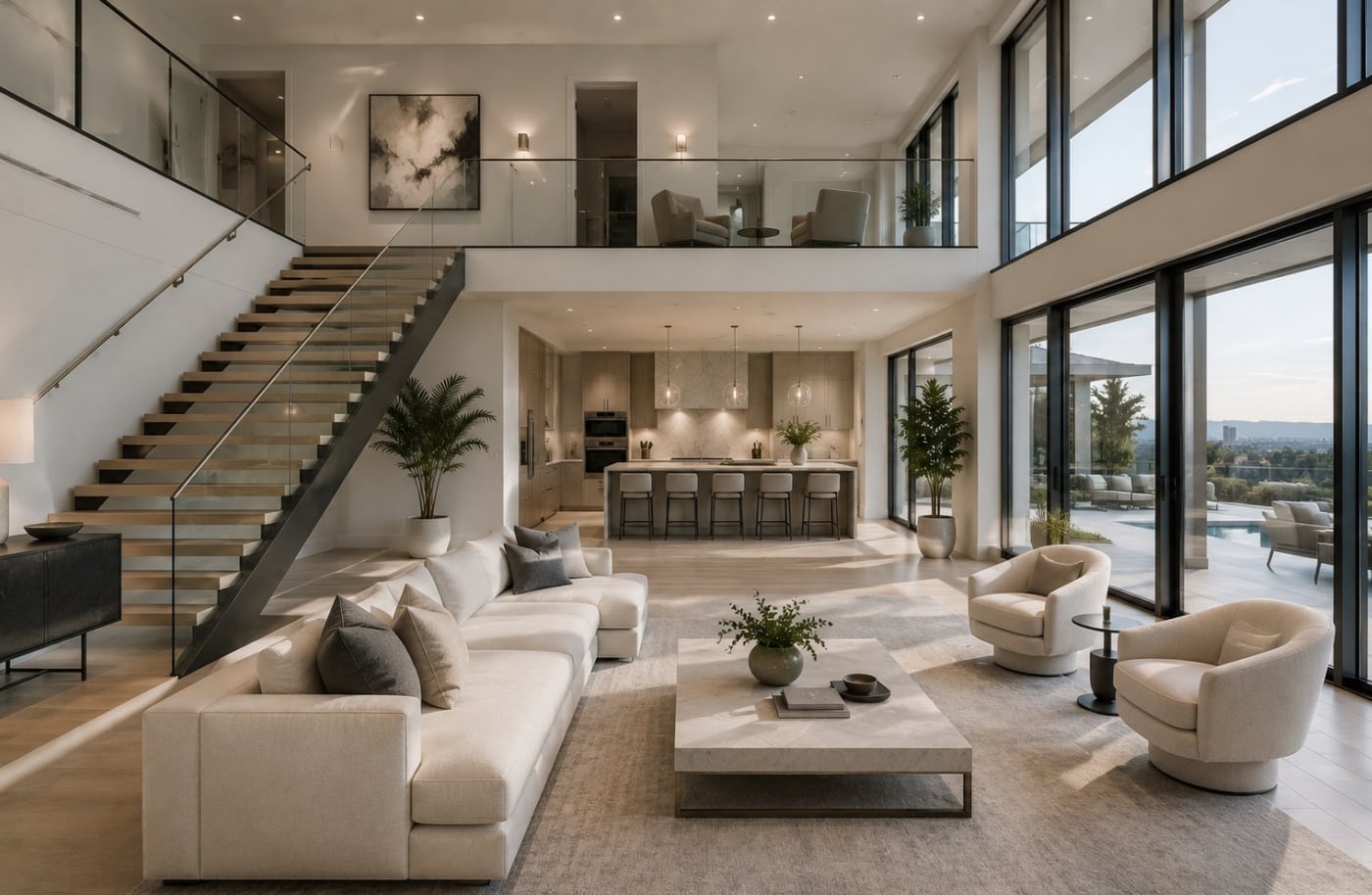 A pristine modern open-plan living space with floating staircase, refreshed after construction.