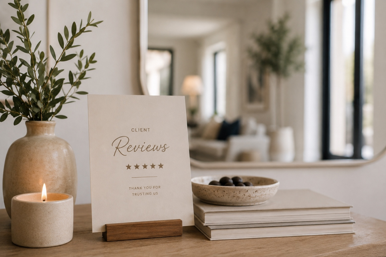 A Cleaning Lab client reviews placard on a wooden table with olive branch and candle.
