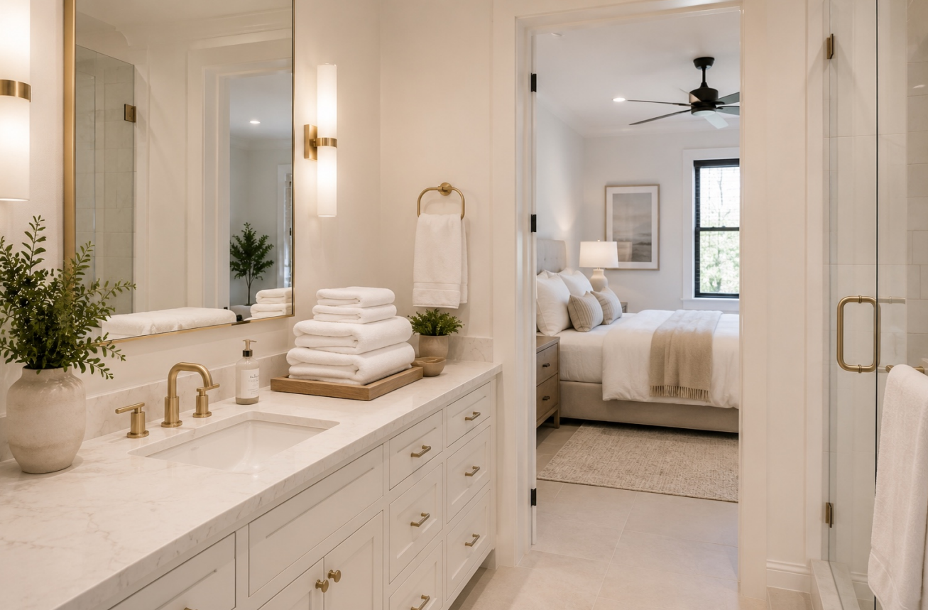A luxury vacation rental bathroom with folded towels and the bedroom beyond — mid-stay refresh.