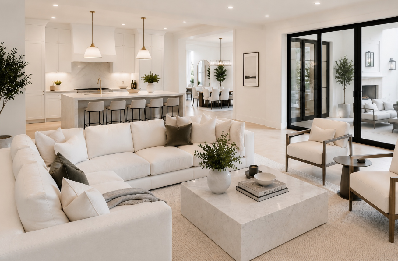 A bright, refined open-plan living and kitchen ready for the next vacation rental guest.