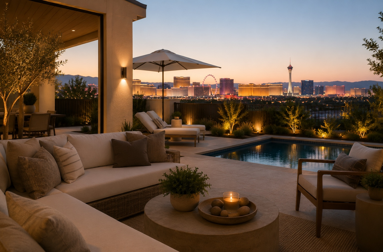 A vacation rental patio at sunset with Las Vegas Strip skyline in the distance.