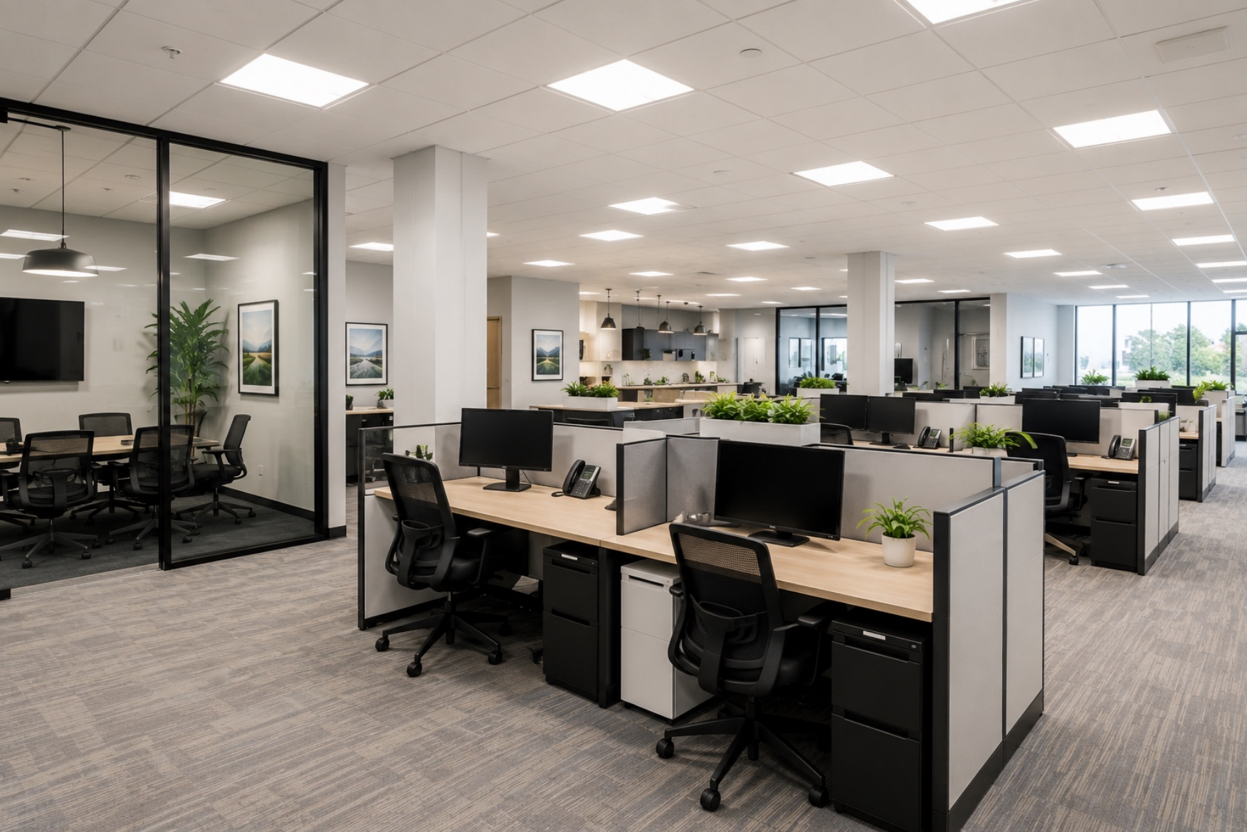 A bright modern office workspace with cubicles, plants, and natural light — Cleaning Lab Workspace Refresh.